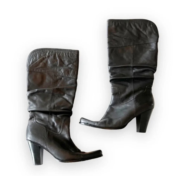 Nine West June Black Leather Slouch Boot Size 8.5 High Heel 80s Vibes Wench Goth - Picture 1 of 10